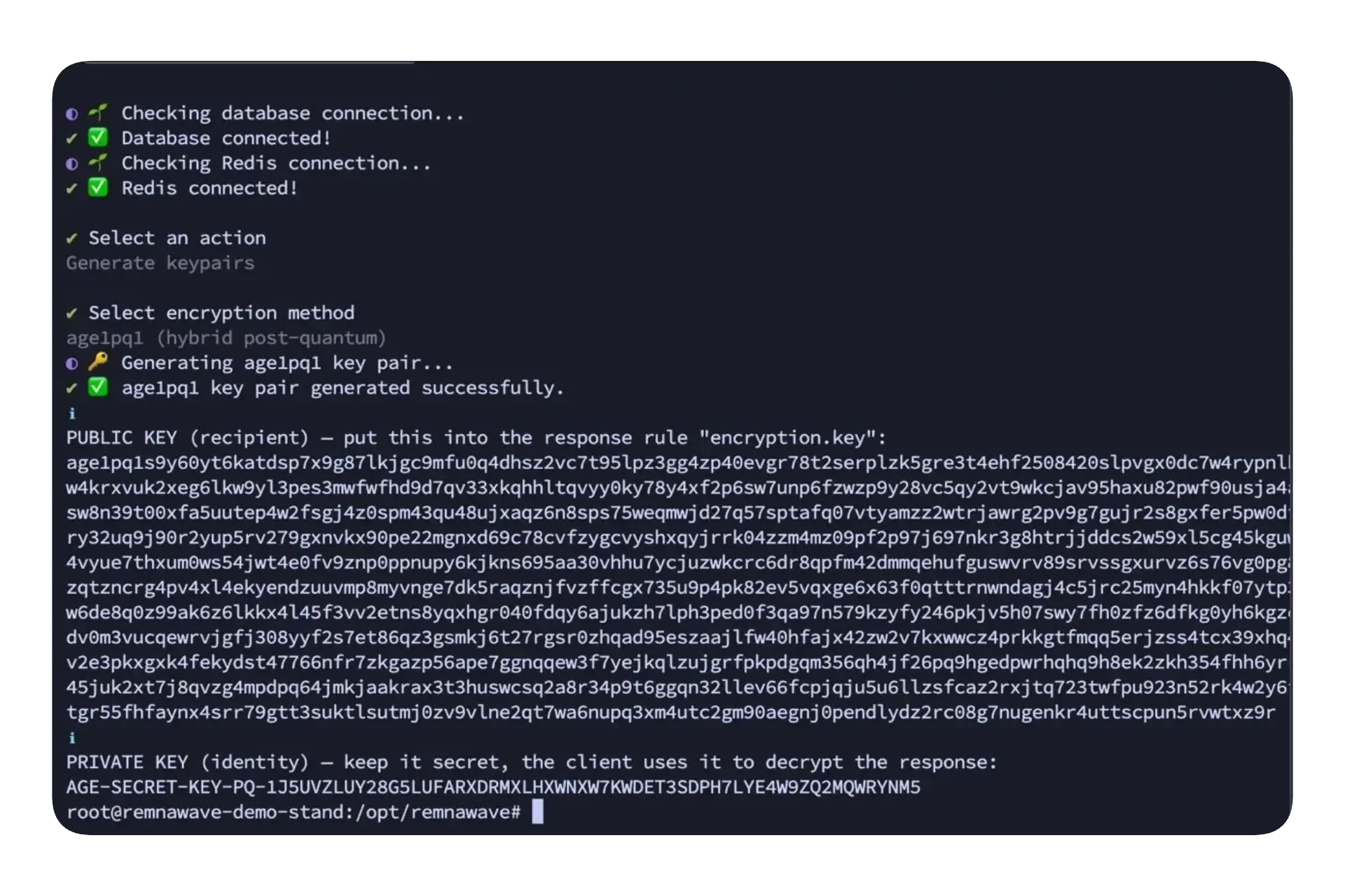 Remnawave CLI generating an age1pq1 key pair